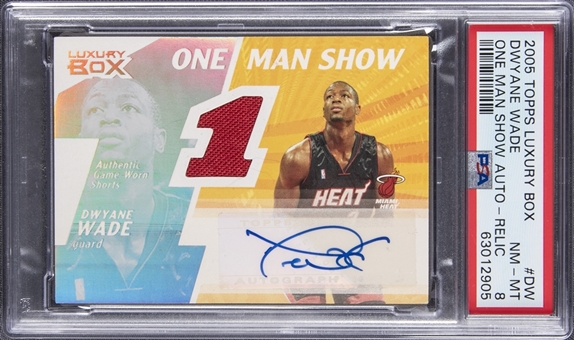2005-06 Topps Luxury Box Basketball One Man Show Autograph Relic #OMSAR-DW Dwyane Wade Signed Game-Worn Shorts Card (#08/10) - PSA NM-MT 8